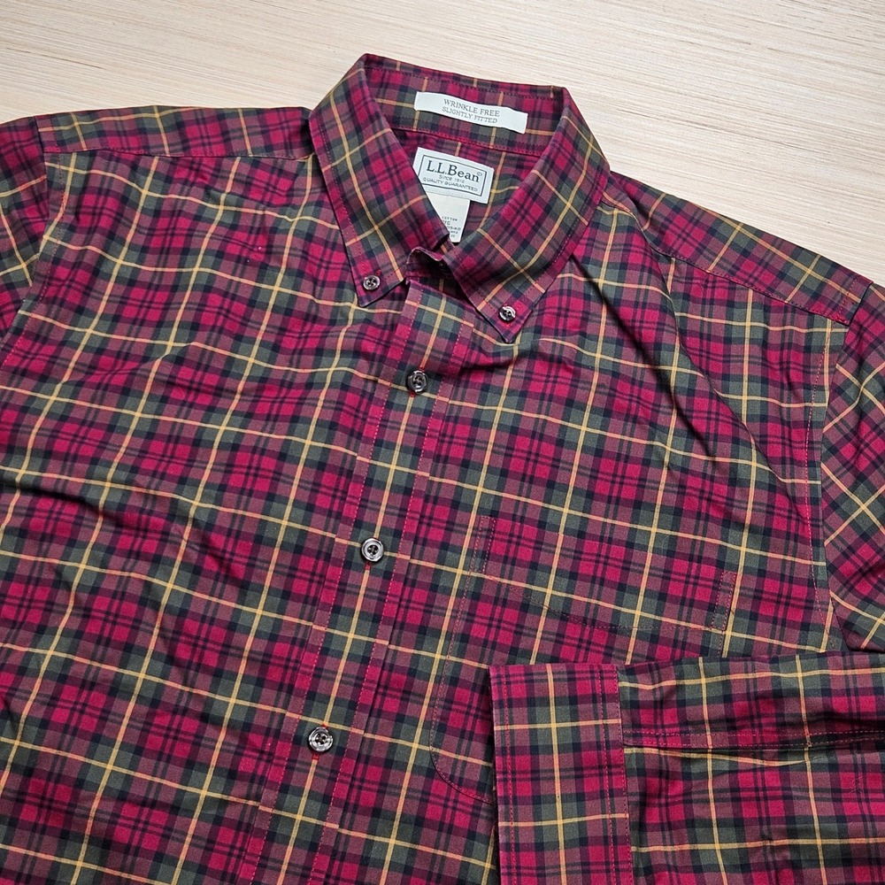 LL Bean Button Down Shirt Mens M Red Plaid Wrinkle Free Slightly Fitted 500540